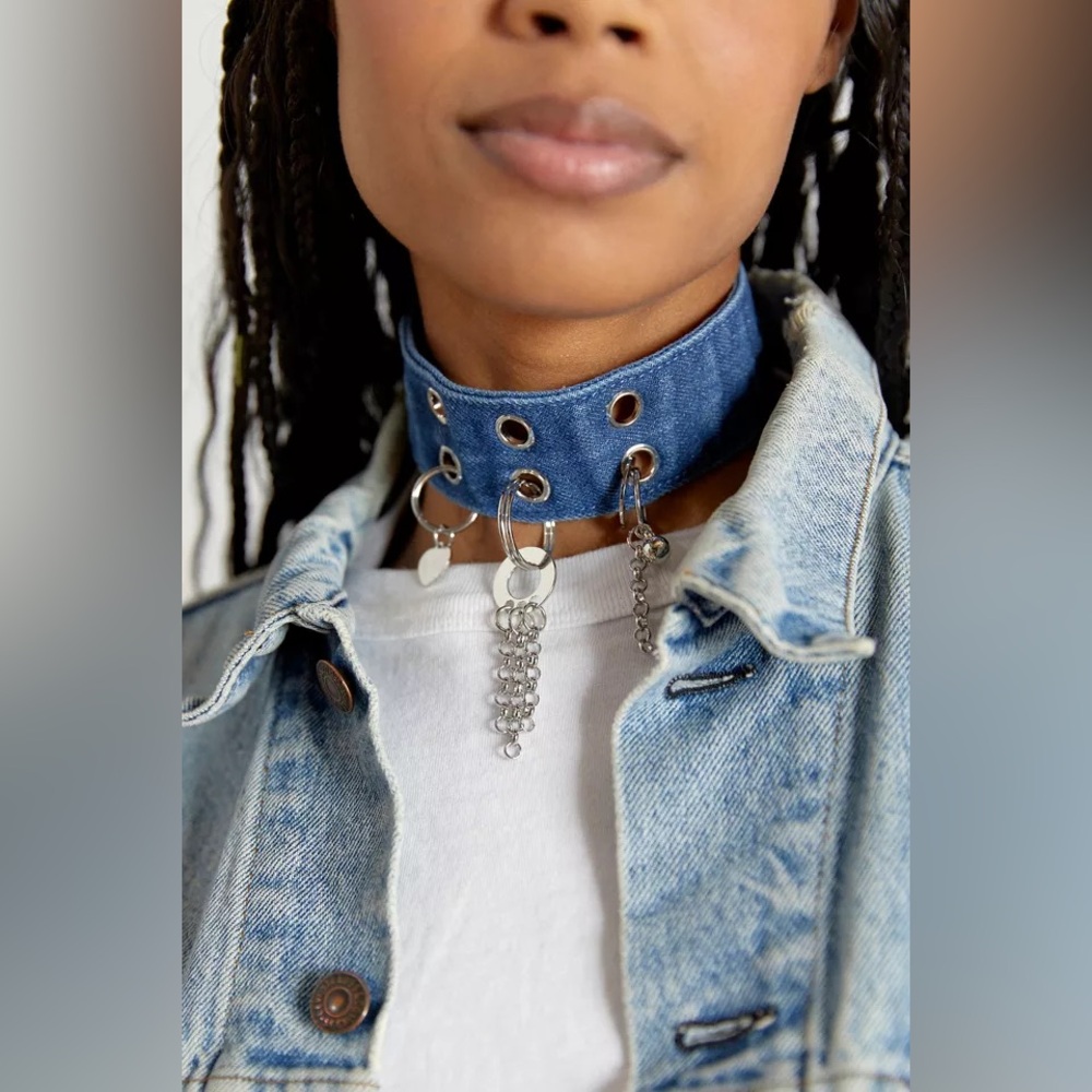 Denim Chain-Embellished Choker Necklace